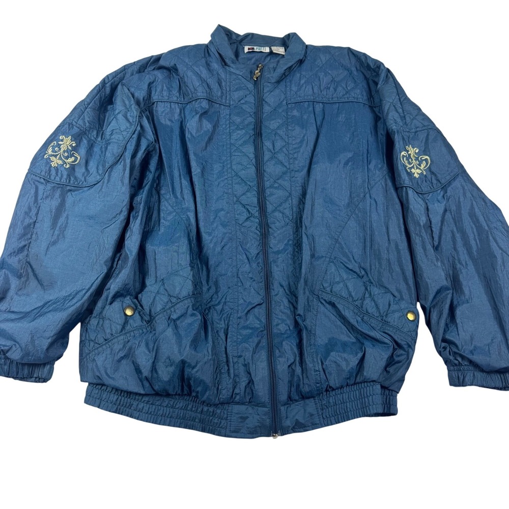Bold Spirit Blue Quilted Windbreaker Jacket Womens L Nylon Zip Up Embroidered